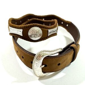 3D Mens Brown Leather Western Belt Braided Edge Silver Tone Embellishing